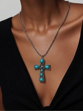 Turquoise Cross Pendant Necklace - Silver Tone
